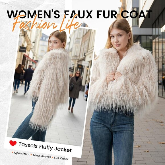 Women's Fur Coats Cropped Faux Fuzzy Warm Jacket Fluffy Fall Coat Apricot - Picture 3 of 5